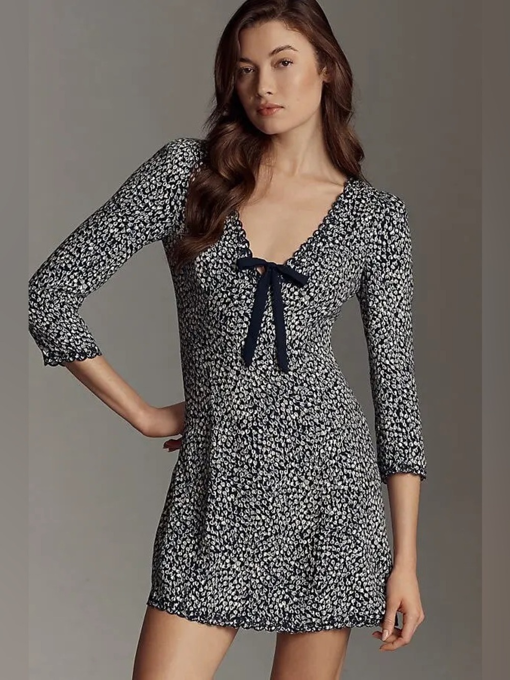 Reformation Posey 3/4 Sleeve Mini Dress V-Neck Bow Floral Navy Blue 8 NEW $248